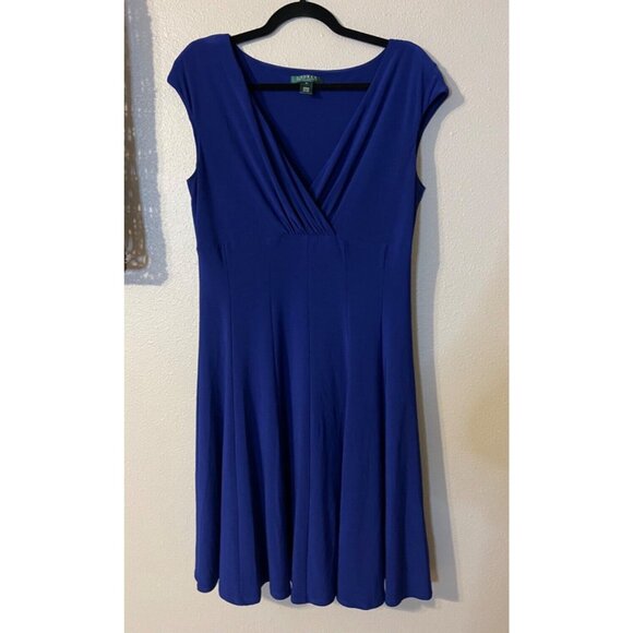 Ralph Lauren Dress 12 Purple Blue V Neck A Line Washable Career Church - Picture 7 of 8